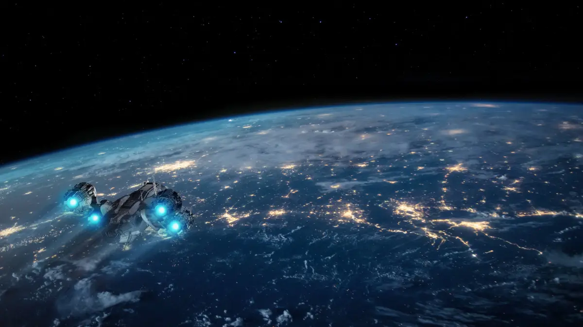 Futuristic spacecraft with blue thrusters orbiting Earth at night