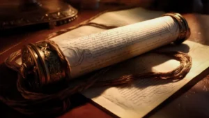 Ornate scroll with gold-capped ends, inscribed with delicate script, resting on aged parchment under warm light.