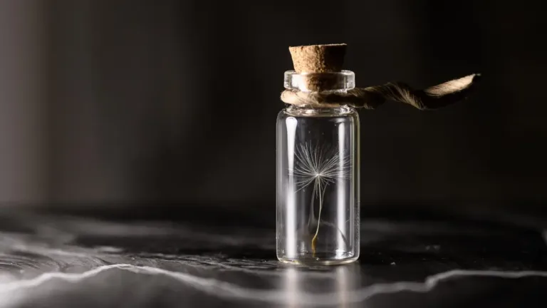 A single dandelion seed enclosed in a small glass vial with a cork stopper and twine, resting on a dark marble surface with soft, moody lighting.