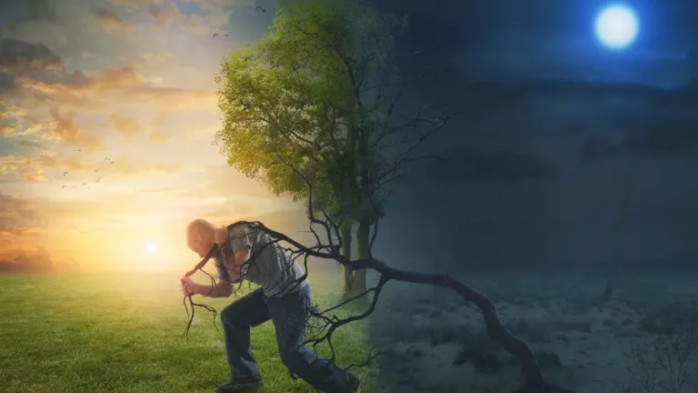 Man dragging a withered, dead tree branch as it transforms into a living tree, dividing a vibrant sunrise and a barren nightscape.