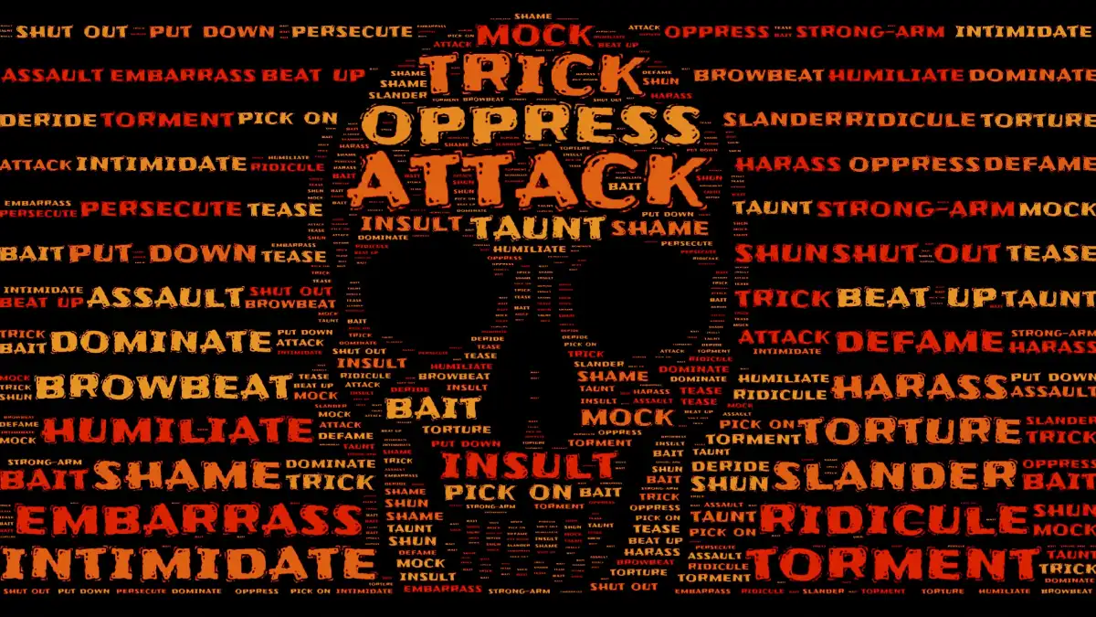 A word cloud in the shape of a skull, composed of aggressive and abusive words such as "attack," "oppress," "humiliate," "torment," and "ridicule," in shades of red, orange, and yellow against a black background.