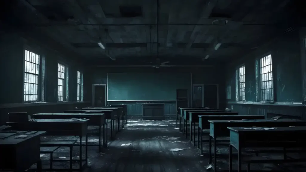 Abandoned classroom with broken desks, peeling paint, and debris scattered across the floor in dim, cold light from barred windows.
