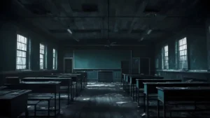 Abandoned classroom with broken desks, peeling paint, and debris scattered across the floor in dim, cold light from barred windows.