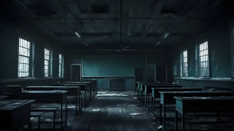 Abandoned classroom with broken desks, peeling paint, and debris scattered across the floor in dim, cold light from barred windows.