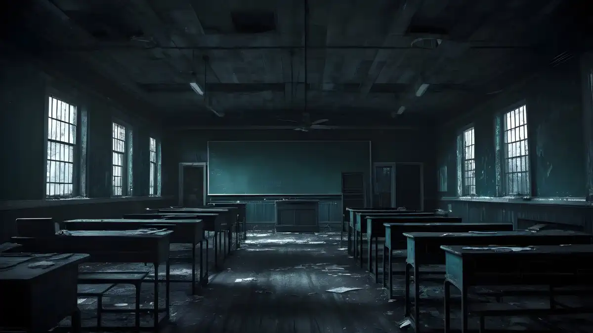 Abandoned classroom with broken desks, peeling paint, and debris scattered across the floor in dim, cold light from barred windows.