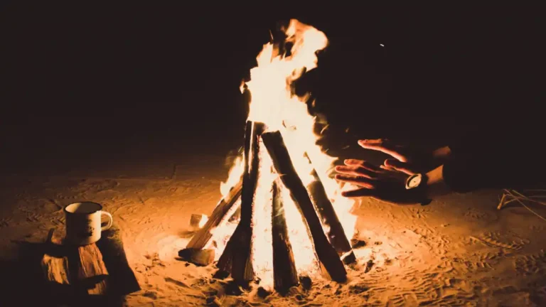 A campfire burning in the dark, with a person’s hands reaching out for warmth and a mug resting on the ground beside the fire.