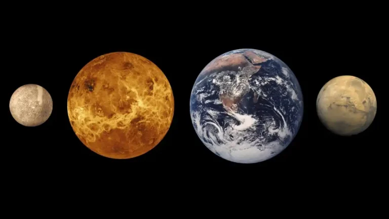 Side-by-side comparison of Mercury, Venus, Earth, and Mars against a black background.