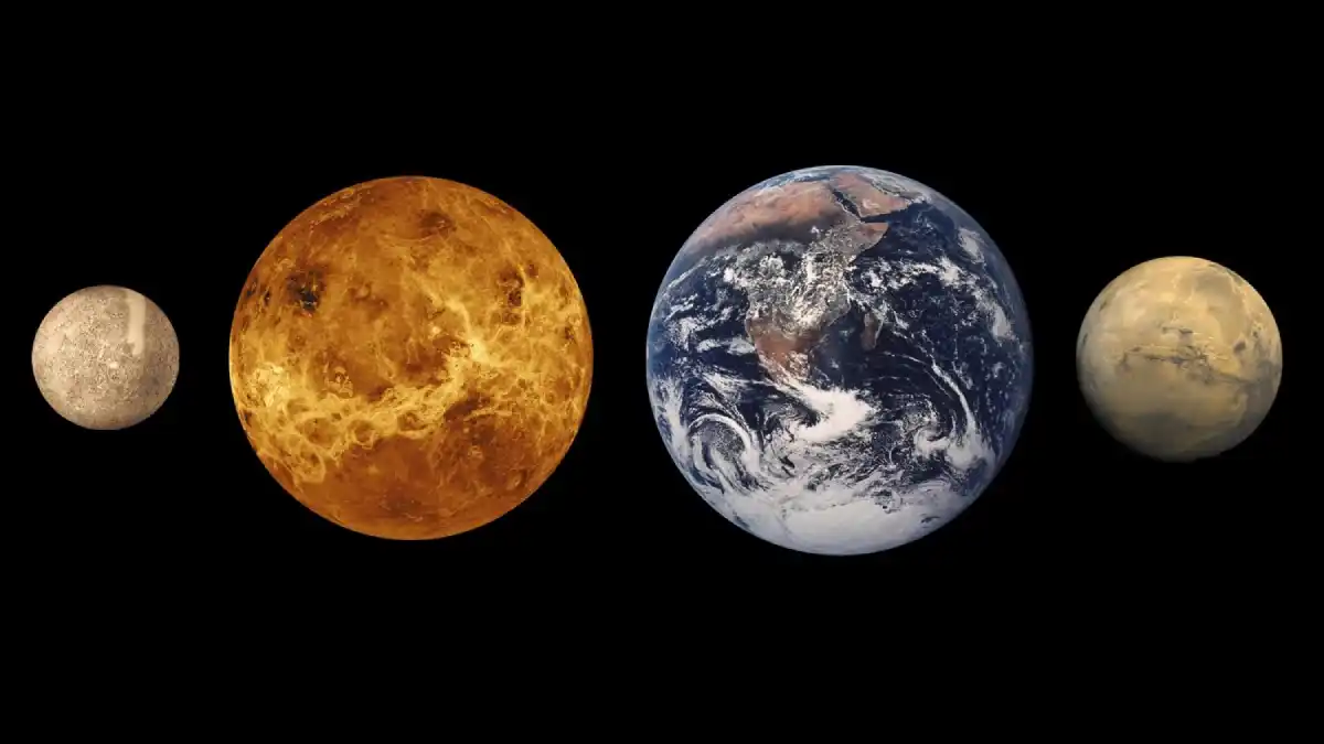 Side-by-side comparison of Mercury, Venus, Earth, and Mars against a black background.