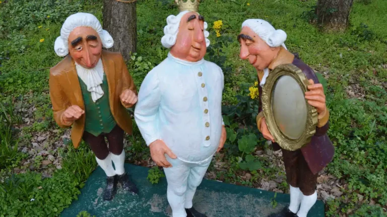 Three cartoonish statues depicting the tale of “The Emperor’s New Clothes”: a king in white undergarments and crown stands between two courtiers who admire him, one holding a mirror, set outdoors among grass and trees.