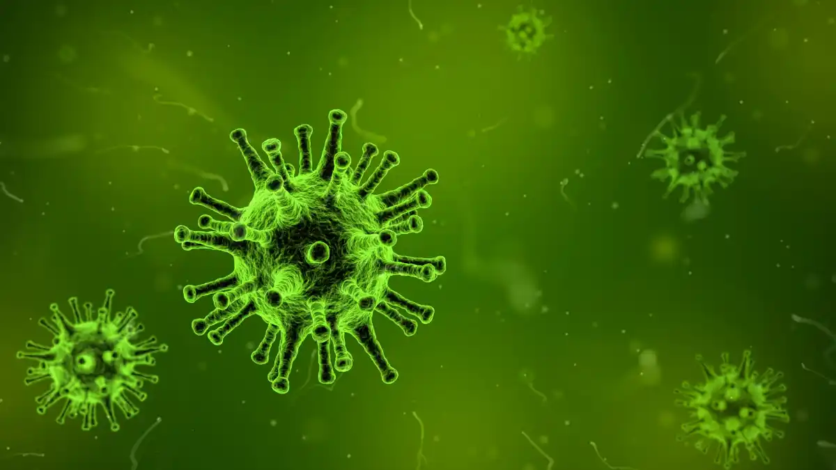 Microscopic green virus particles floating in a dense, glowing field, symbolizing how distorted data and statistics spread like contagion.