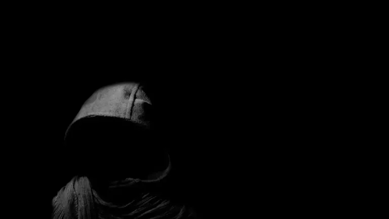 A hooded figure shrouded in darkness, face obscured, symbolizing hidden forces and unseen narratives.