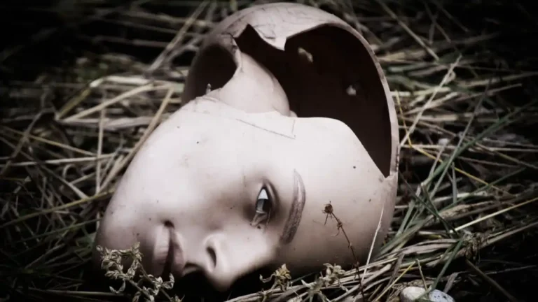 Broken mannequin head lying in dry grass, symbolizing the collapse of a false world order.