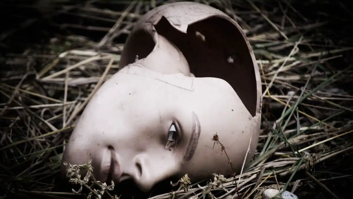 Broken mannequin head lying in dry grass, symbolizing the collapse of a false world order.