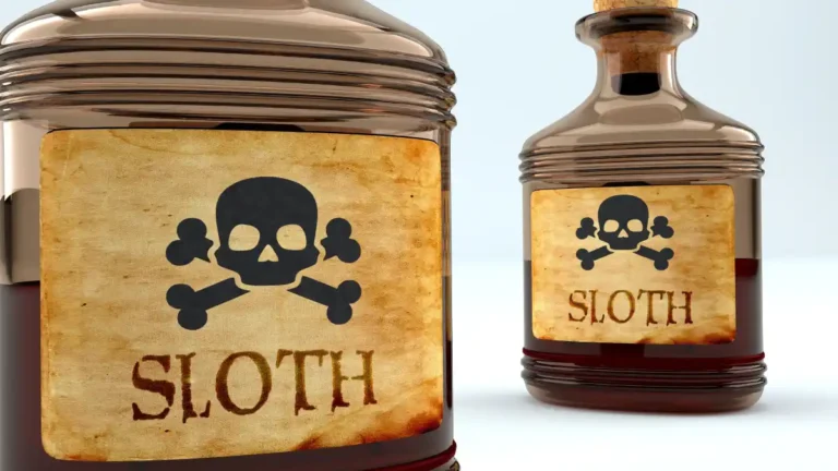 Two glass bottles labeled ‘Sloth’ with skull-and-crossbones poison symbols, suggesting laziness as a deadly toxin.