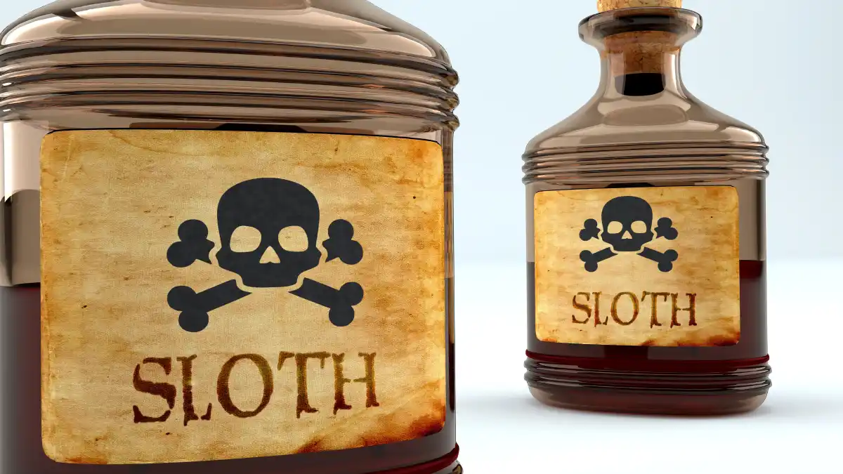 Two glass bottles labeled ‘Sloth’ with skull-and-crossbones poison symbols, suggesting laziness as a deadly toxin.