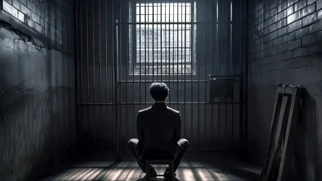 A solitary man sits on a small stool in a dim prison cell, facing barred windows where pale light filters through, casting long shadows across the floor.