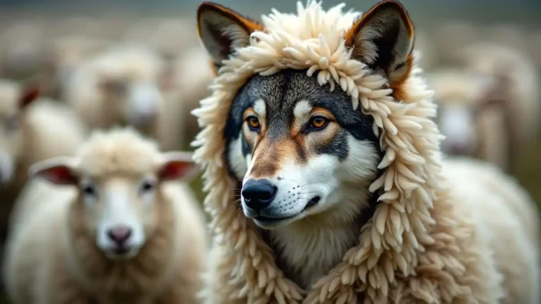A wolf disguised in a sheep’s fleece standing among a flock of unsuspecting sheep.