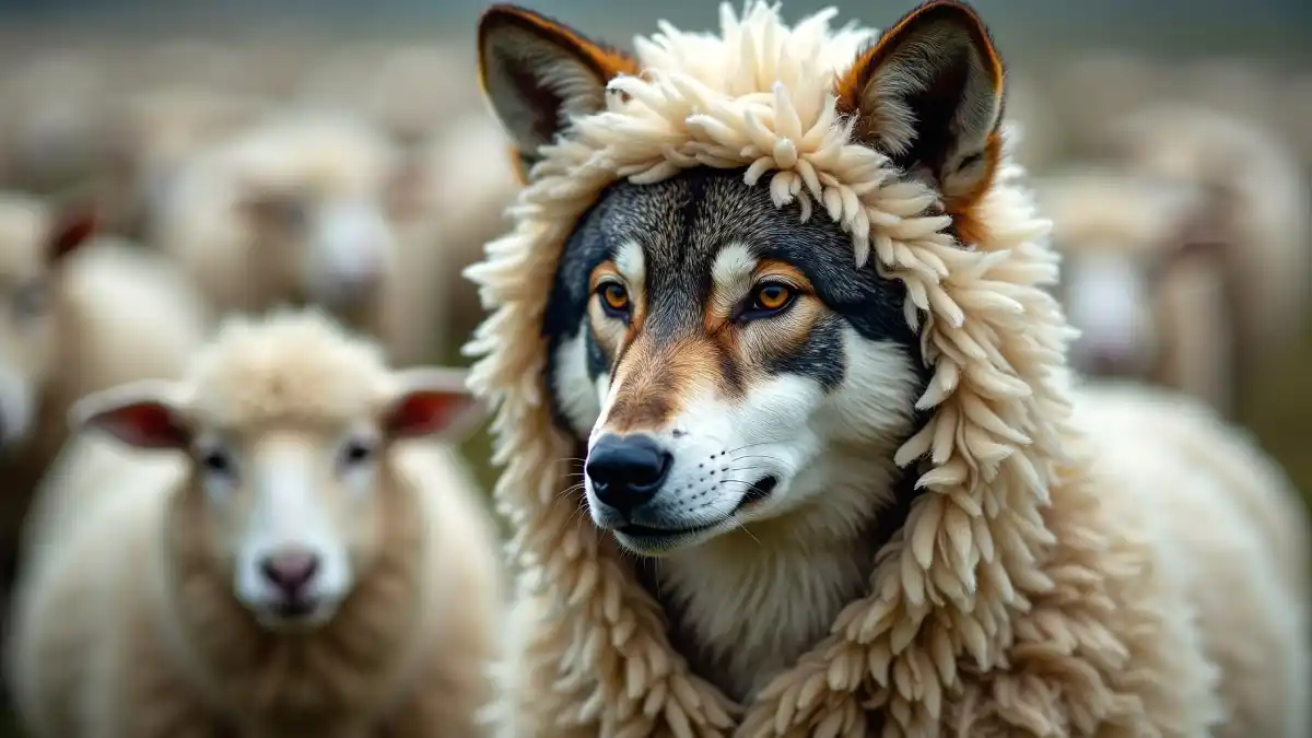 A wolf disguised in a sheep’s fleece standing among a flock of unsuspecting sheep.