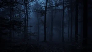 Dark, fog-covered forest at night, illuminated by faint blue light, evoking fear and isolation.