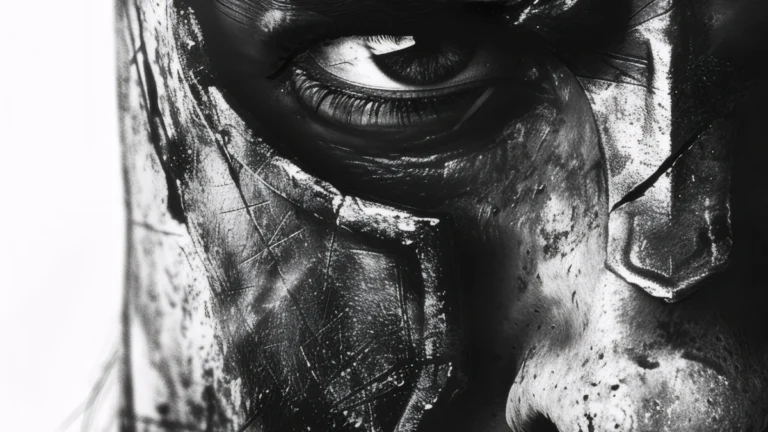 High-contrast black-and-white close-up of a human face partially obscured by dark paint or cracks, one eye sharply visible, conveying damage, endurance, and introspection.