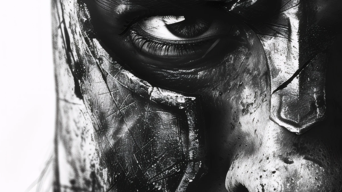 High-contrast black-and-white close-up of a human face partially obscured by dark paint or cracks, one eye sharply visible, conveying damage, endurance, and introspection.