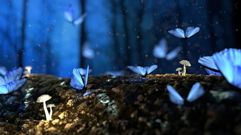 Blue butterflies hovering above a dark forest floor with small glowing mushrooms, illuminated against a blurred woodland background.
