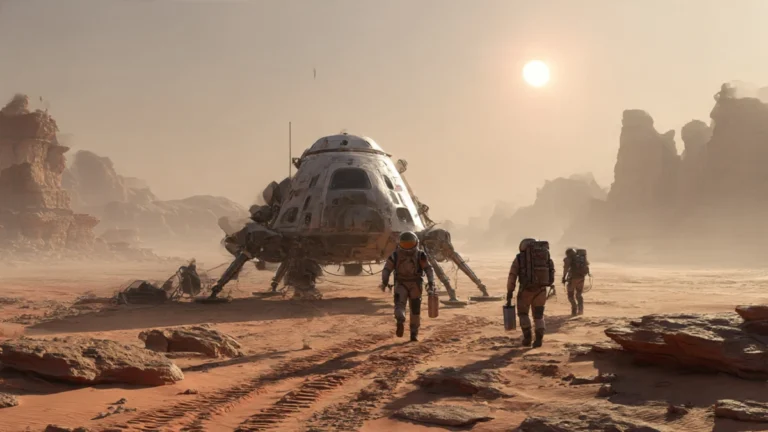 Three astronauts in pressurized suits walk away from a landed spacecraft on a barren, Mars-like landscape under a pale sun, emphasizing human fragility in a hostile environment.