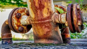 Rust-corroded industrial pipeline joint with flanges and bolts, symbolizing aging energy infrastructure.