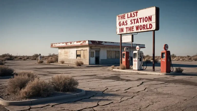 Abandoned desert gas station with cracked pavement and a sign reading “The Last Gas Station in the World”