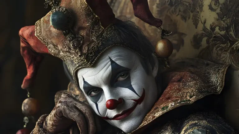 A melancholic jester in elaborate antique costume stares directly at the viewer, his painted smile contrasting with a dark, ominous atmosphere.