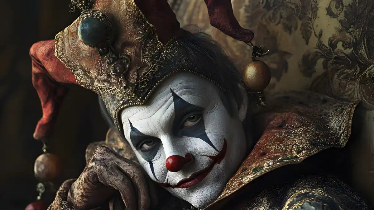 A melancholic jester in elaborate antique costume stares directly at the viewer, his painted smile contrasting with a dark, ominous atmosphere.