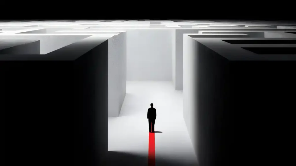 A lone silhouetted figure stands inside a vast monochrome labyrinth, illuminated by stark white light while a thin red path stretches beneath him into the distance, evoking isolation, uncertainty, and the search for escape within an immense impersonal system.