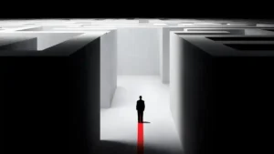 A lone silhouetted figure stands inside a vast monochrome labyrinth, illuminated by stark white light while a thin red path stretches beneath him into the distance, evoking isolation, uncertainty, and the search for escape within an immense impersonal system.