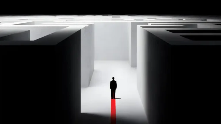 A lone silhouetted figure stands inside a vast monochrome labyrinth, illuminated by stark white light while a thin red path stretches beneath him into the distance, evoking isolation, uncertainty, and the search for escape within an immense impersonal system.
