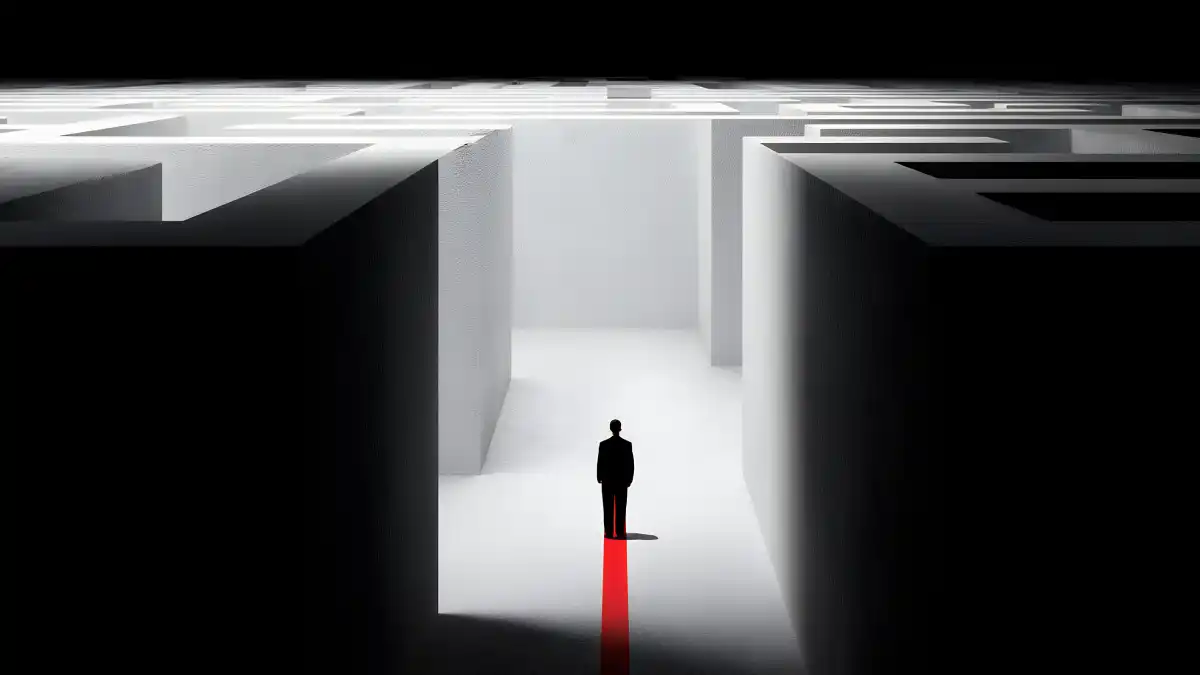 A lone silhouetted figure stands inside a vast monochrome labyrinth, illuminated by stark white light while a thin red path stretches beneath him into the distance, evoking isolation, uncertainty, and the search for escape within an immense impersonal system.