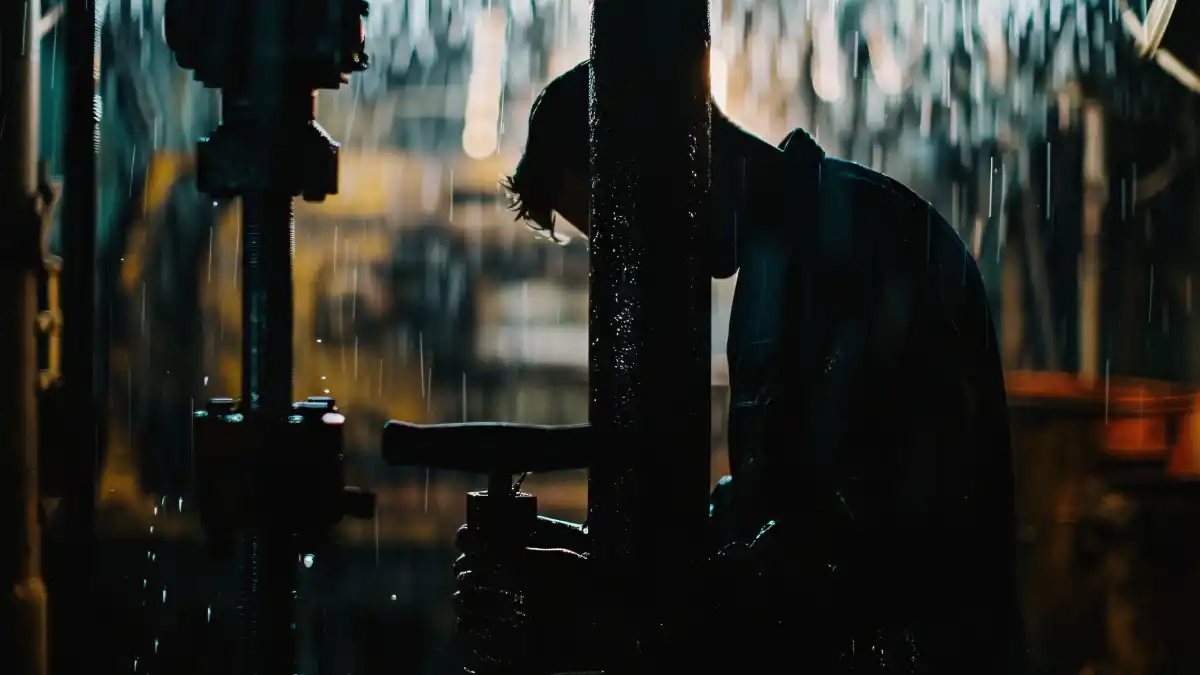Silhouetted oilfield worker standing beside industrial drilling equipment in heavy rain, illuminated by harsh refinery lights in a dark cinematic scene.