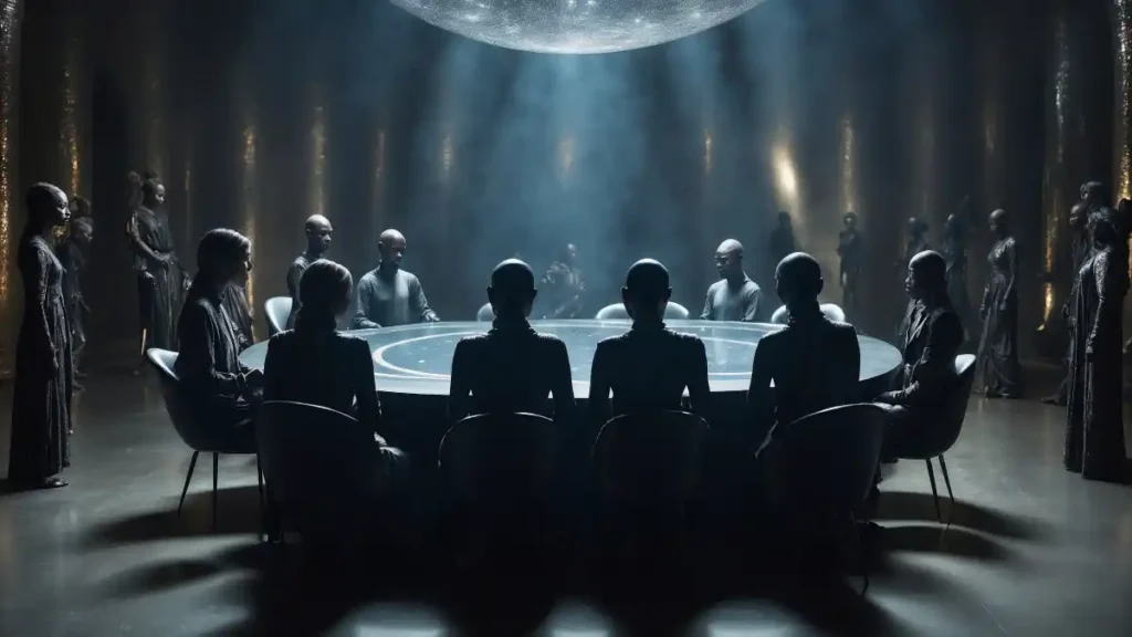 A group of shadowy figures sits around a large circular table beneath a beam of pale light, surrounded by silent observers in a vast dark chamber. The scene evokes secret societies, hidden power, and the enduring human fascination with unseen forces shaping events behind the curtain.