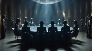 A group of shadowy figures sits around a large circular table beneath a beam of pale light, surrounded by silent observers in a vast dark chamber. The scene evokes secret societies, hidden power, and the enduring human fascination with unseen forces shaping events behind the curtain.