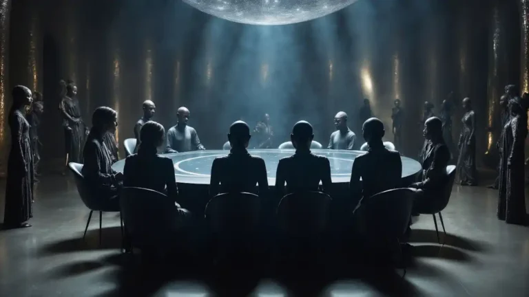 A group of shadowy figures sits around a large circular table beneath a beam of pale light, surrounded by silent observers in a vast dark chamber. The scene evokes secret societies, hidden power, and the enduring human fascination with unseen forces shaping events behind the curtain.