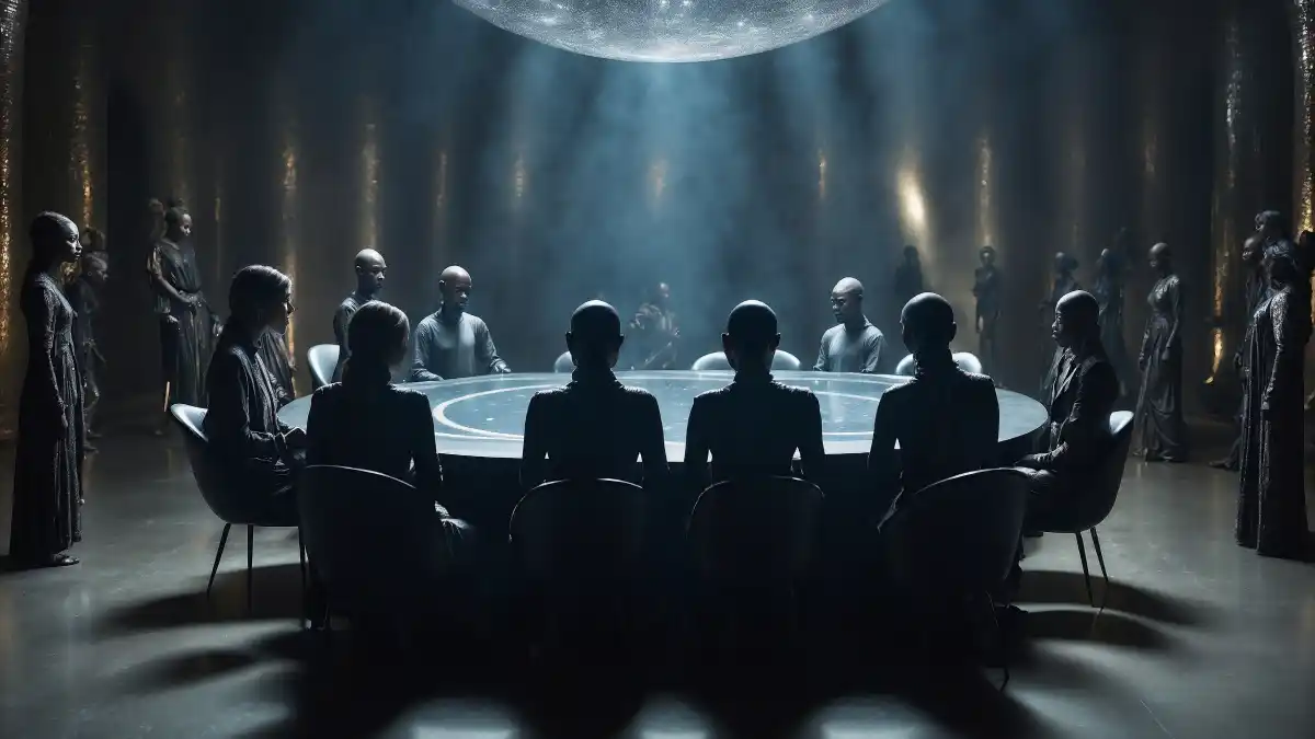 A group of shadowy figures sits around a large circular table beneath a beam of pale light, surrounded by silent observers in a vast dark chamber. The scene evokes secret societies, hidden power, and the enduring human fascination with unseen forces shaping events behind the curtain.