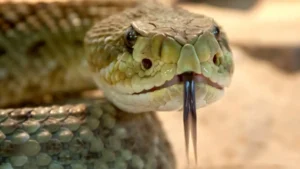 Close-up of a snake staring directly at the camera with its forked tongue extended.
