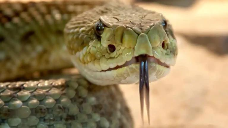 Close-up of a snake staring directly at the camera with its forked tongue extended.