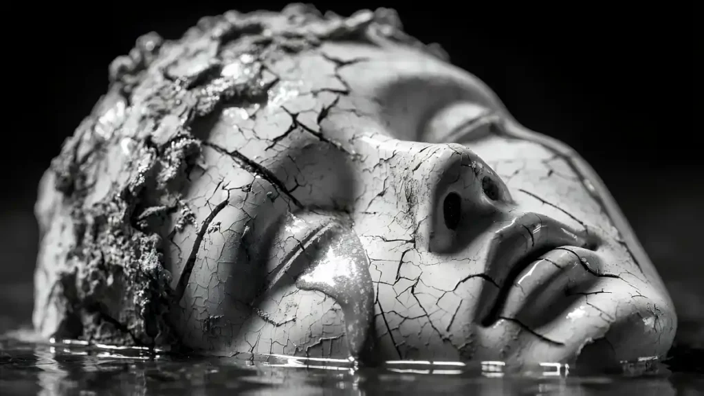 A close-up black-and-white image of a cracked classical stone face, partially submerged in still water. The weathered sculpture shows deep fractures across its surface, with dark water reflecting its features against a nearly black background.