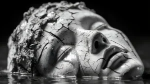 A close-up black-and-white image of a cracked classical stone face, partially submerged in still water. The weathered sculpture shows deep fractures across its surface, with dark water reflecting its features against a nearly black background.