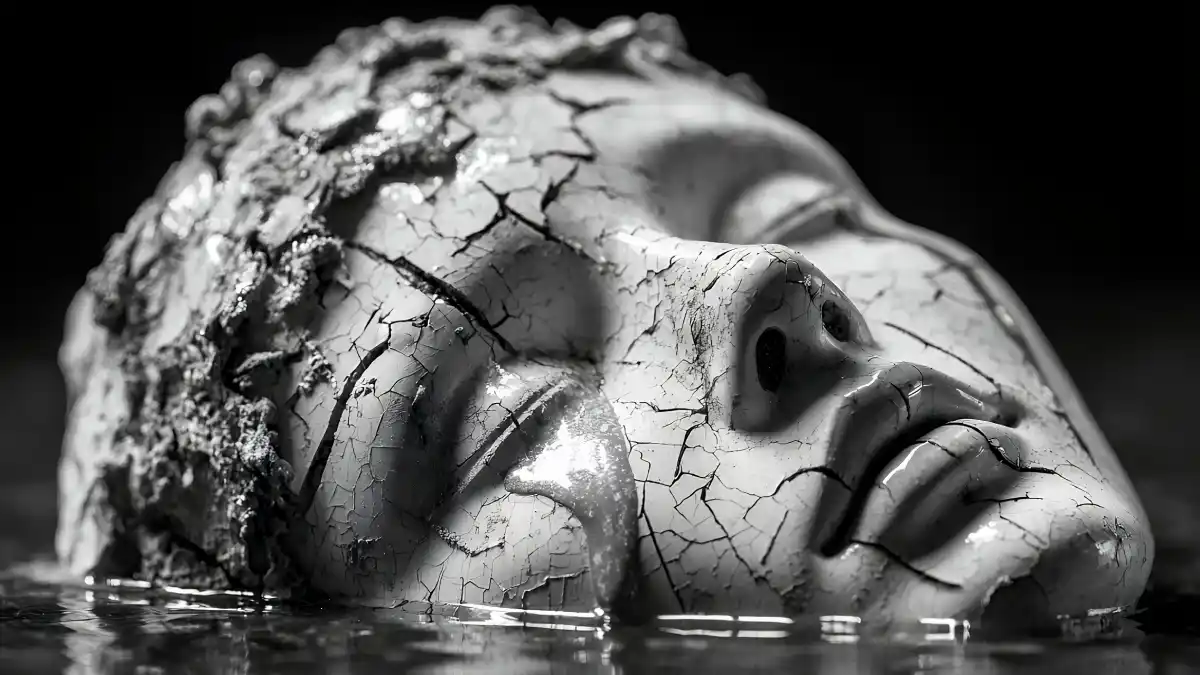 A close-up black-and-white image of a cracked classical stone face, partially submerged in still water. The weathered sculpture shows deep fractures across its surface, with dark water reflecting its features against a nearly black background.