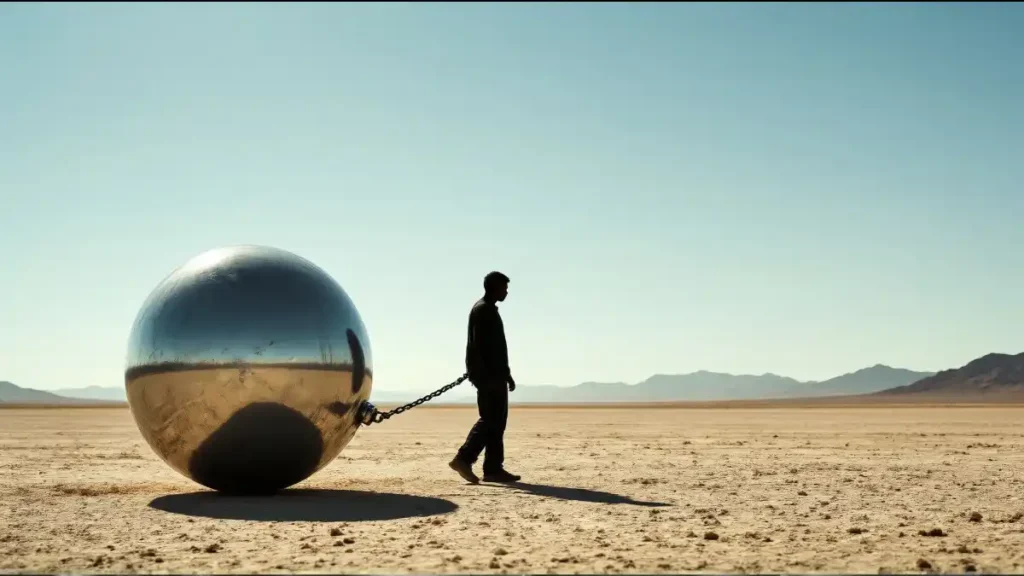 A lone man walks across a barren desert while dragging a massive polished steel sphere chained behind him, symbolizing the slow burden of civilizational decline and accumulated consequences.