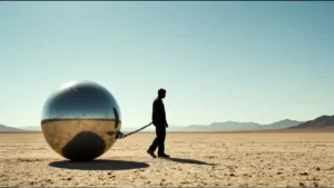 A lone man walks across a barren desert while dragging a massive polished steel sphere chained behind him, symbolizing the slow burden of civilizational decline and accumulated consequences.