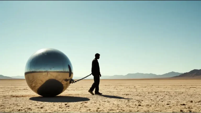 A lone man walks across a barren desert while dragging a massive polished steel sphere chained behind him, symbolizing the slow burden of civilizational decline and accumulated consequences.