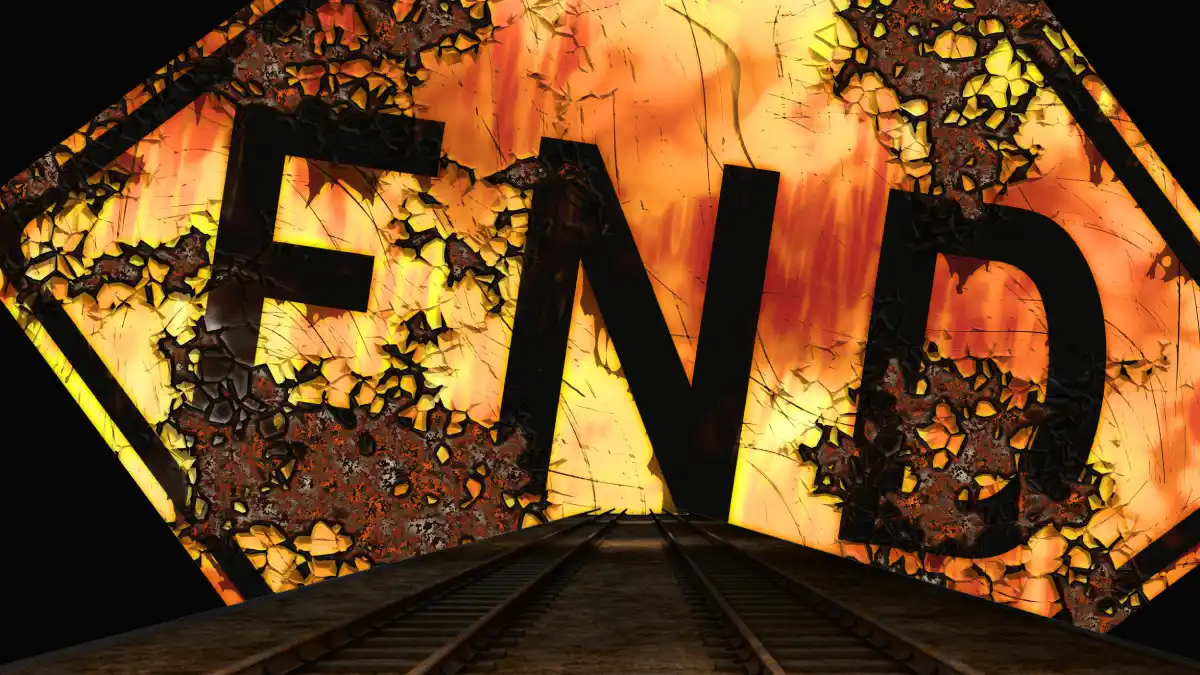 Rusted and decaying "END" warning sign looming over railroad tracks disappearing into the distance, symbolizing the slow, inevitable decline of civilizations through collapsing standards and institutional decay.