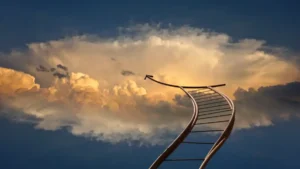 A ladder curves upward into bright clouds, with its upper end disappearing from view, symbolizing uncertain ambition, hierarchy, and the unknown destination of success. (Approximately 18 words. Good for accessibility and SEO without interpreting the image too heavily.)